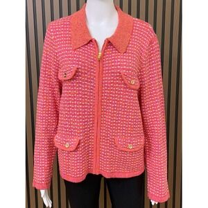 Talbots Petite Pink Tweed Knit Zip Front Cardigan Jacket XLP Metallic Classic